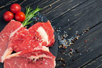 High angle view of fruits and vegetables on table