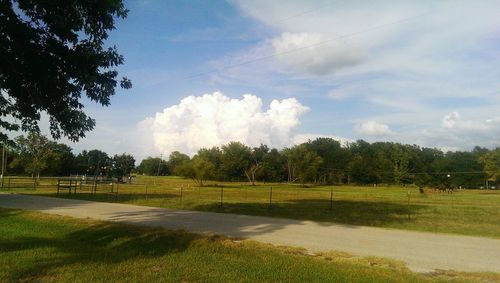 Scenic view of grassy field against cloudy sky