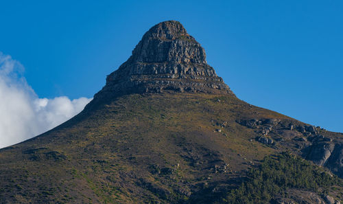 Low angle view of mountain against clear blue sky