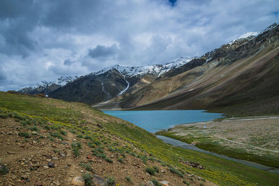 Scenic view of snowcapped mountains against sky