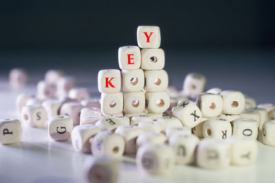 Close-up of text on blocks over table