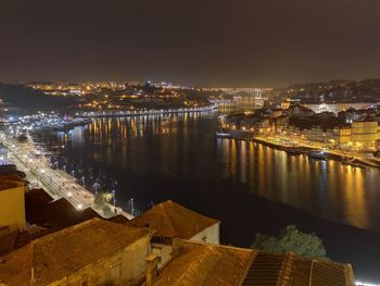 High angle view of illuminated buildings by river against sky at night