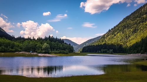 Scenic view of lake by trees against sky