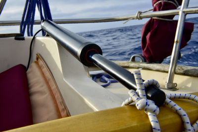 Close-up of sailboat in sea