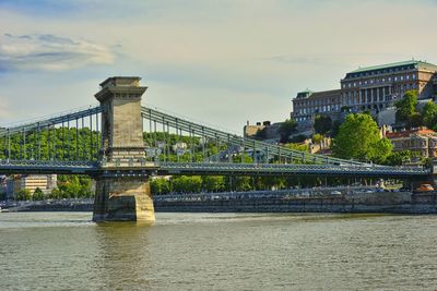 Bridge over river against cloudy sky