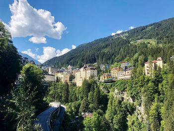 Trees and buildings in city against sky