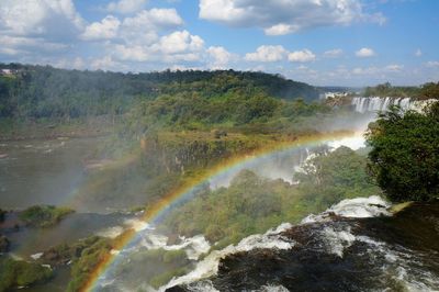 Scenic view of waterfall against sky