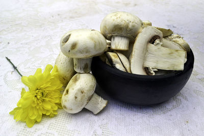 High angle view of mushrooms on table