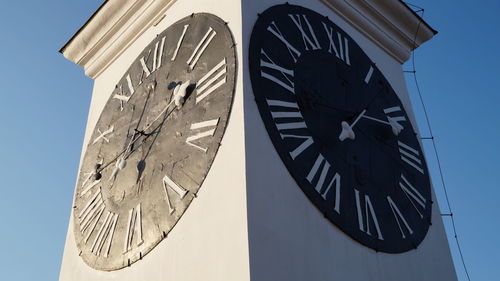 Low angle view of clock against clear sky