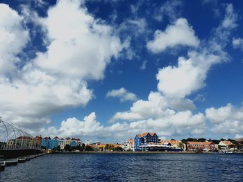 Buildings by river against sky in city