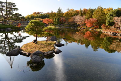 Scenic view of lake against sky during autumn