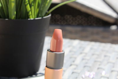 Close-up of lipstick by potted plant