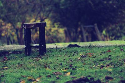 Empty park bench on field