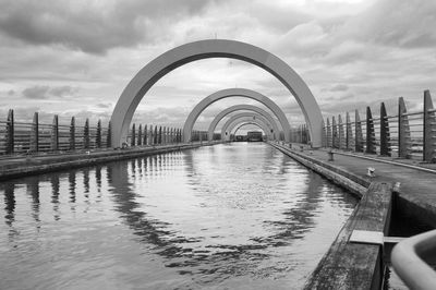 Bridge over river in city against sky