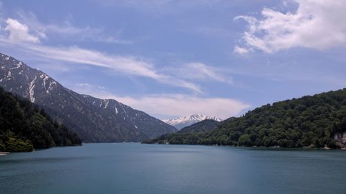 Scenic view of lake and mountains against sky