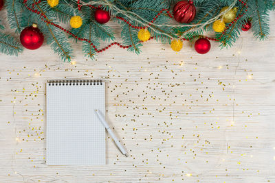 Directly above shot of christmas decorations on table