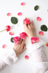 High angle view of woman with flowers