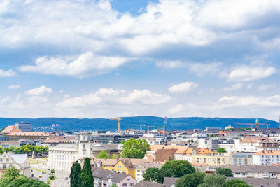 High angle shot of townscape against sky