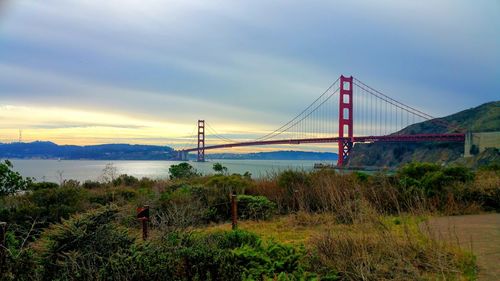 Iconic san francisco golden gate bridge over bay from marin headlands