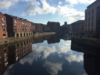 Reflection of sky on canal by buildings in city