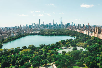 Circa september 2019: spectacular view over central park in manhattan with beautiful rich green trees and skyline of new york city