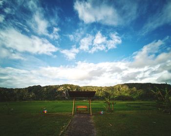 Scenic view of soccer field against sky