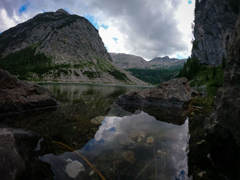 Scenic view of lake and mountains against sky