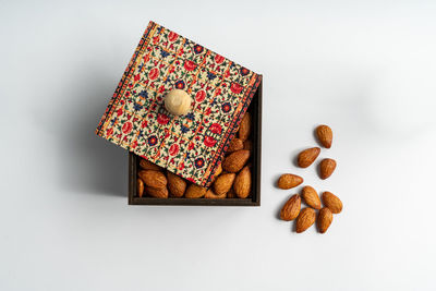 Close-up of christmas decorations against white background