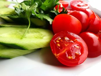 Close-up of red bell peppers in plate