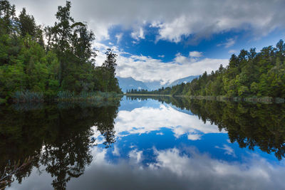 Scenic view of lake and trees against sky