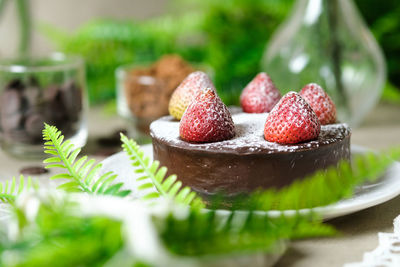 Close-up of strawberry cake on table