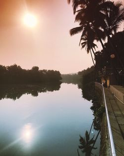 Reflection of palm trees in swimming pool against sky