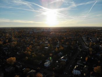 High angle view of townscape against sky at sunset