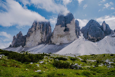 Panoramic view of snowcapped mountains against sky