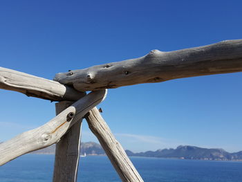 Low angle view of wood against clear blue sky