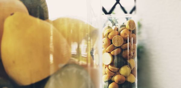 Close-up of fruits in glass container