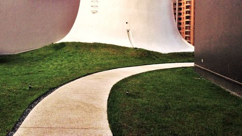 High angle view of footpath in lawn