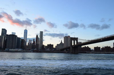 View of bridge over river against sky in city