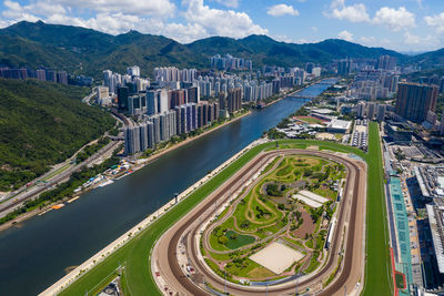 High angle view of cityscape against sky