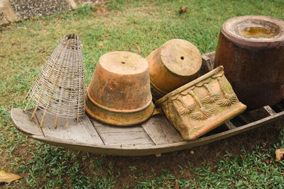 High angle view of old wicker basket on field