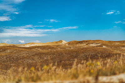 Scenic view of desert against blue sky