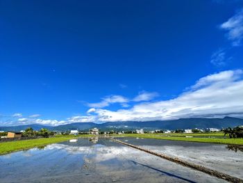 Road amidst field against blue sky
