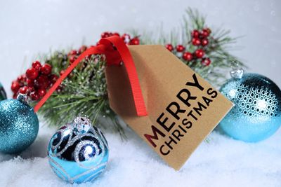 Close-up of christmas decorations on tree