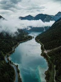 High angle view of mountains against sky