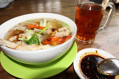 Close-up of soup in bowl on table