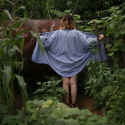 Rear view of woman standing in forest