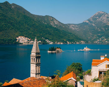 Scenic view of lake and buildings against sky