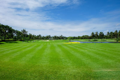 Scenic view of golf course against sky