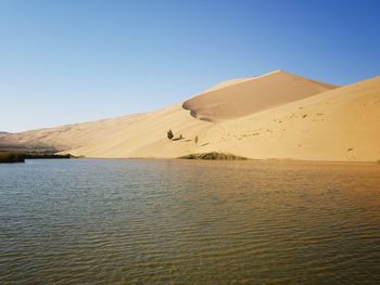 Scenic view of lake against sky at badain jaran desert