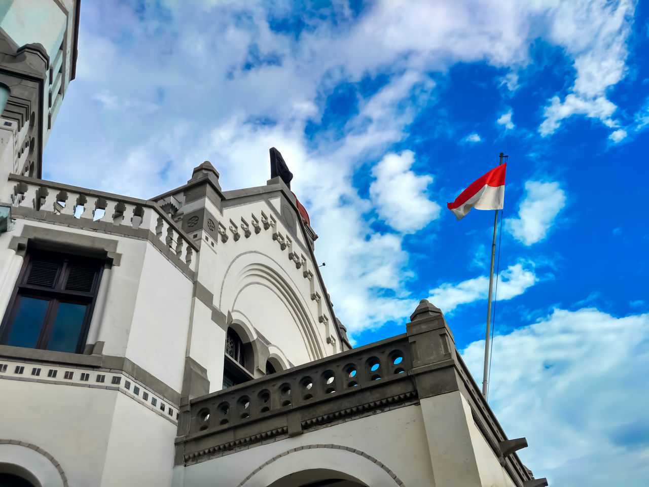 LOW ANGLE VIEW OF FLAGS AGAINST BUILDING